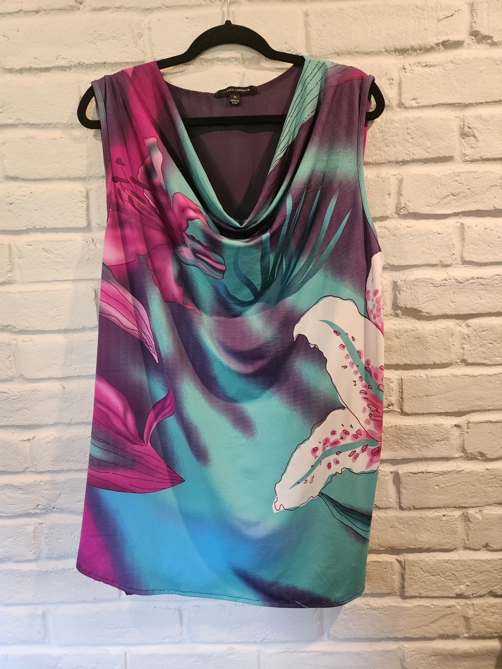 Sleeveless Cowl Neck Floral Top Turquoise, Purple & Magenta. NV Nick Verreos 2X